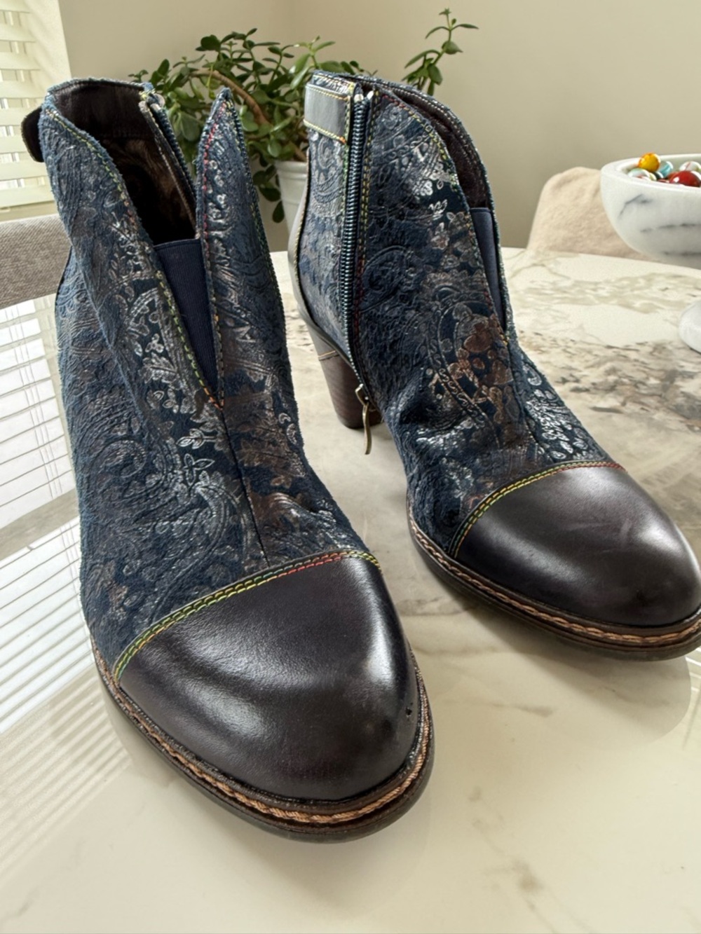 Floral Embossed Navy Ankle Booties with Dark Toe
